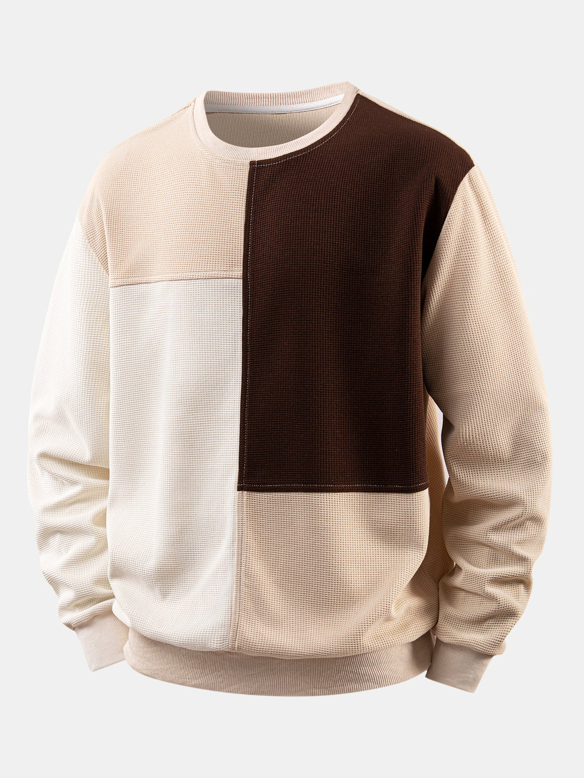 Sweatshirt i vaffelvævet stof med paneler i patchwork til mænd - pullover med rund hals og afslappet pasform til efterår og vinter