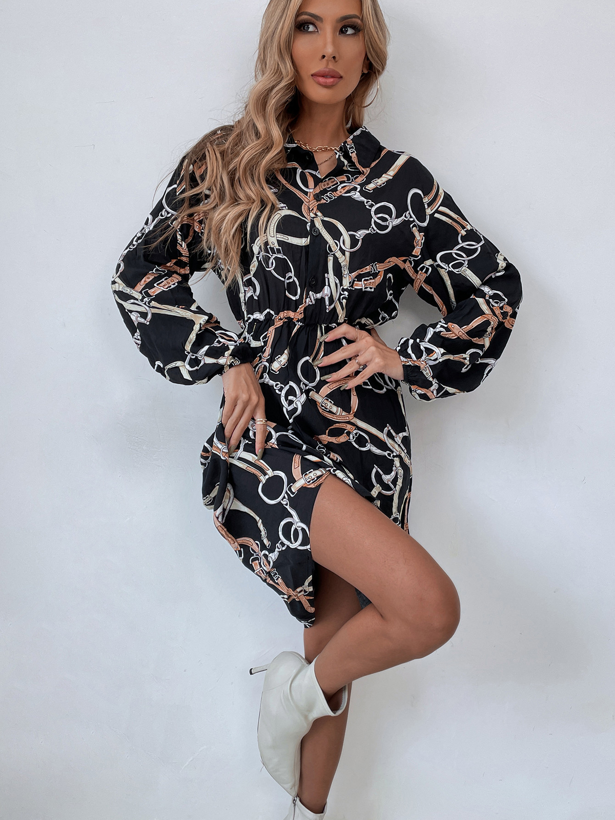 Rochie-cămașă de damă cu imprimeu și mâneci lungi - stil midi cu nasturi în față și talie ajustabilă cu șnur, pentru ținute lejere de zi, vacanțe, plimbări în oraș și ținute elegante de zi cu zi