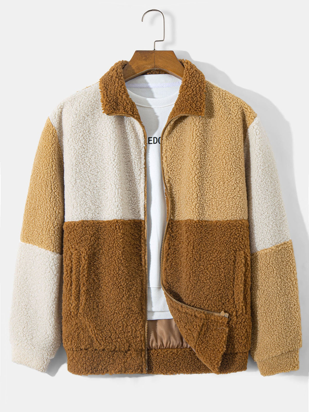 Veste en polaire teddy à blocs de couleur pour homme - Veste douce en polaire borg à fermeture zippée, avec col montant et coupe décontractée, pour l’automne et l’hiver