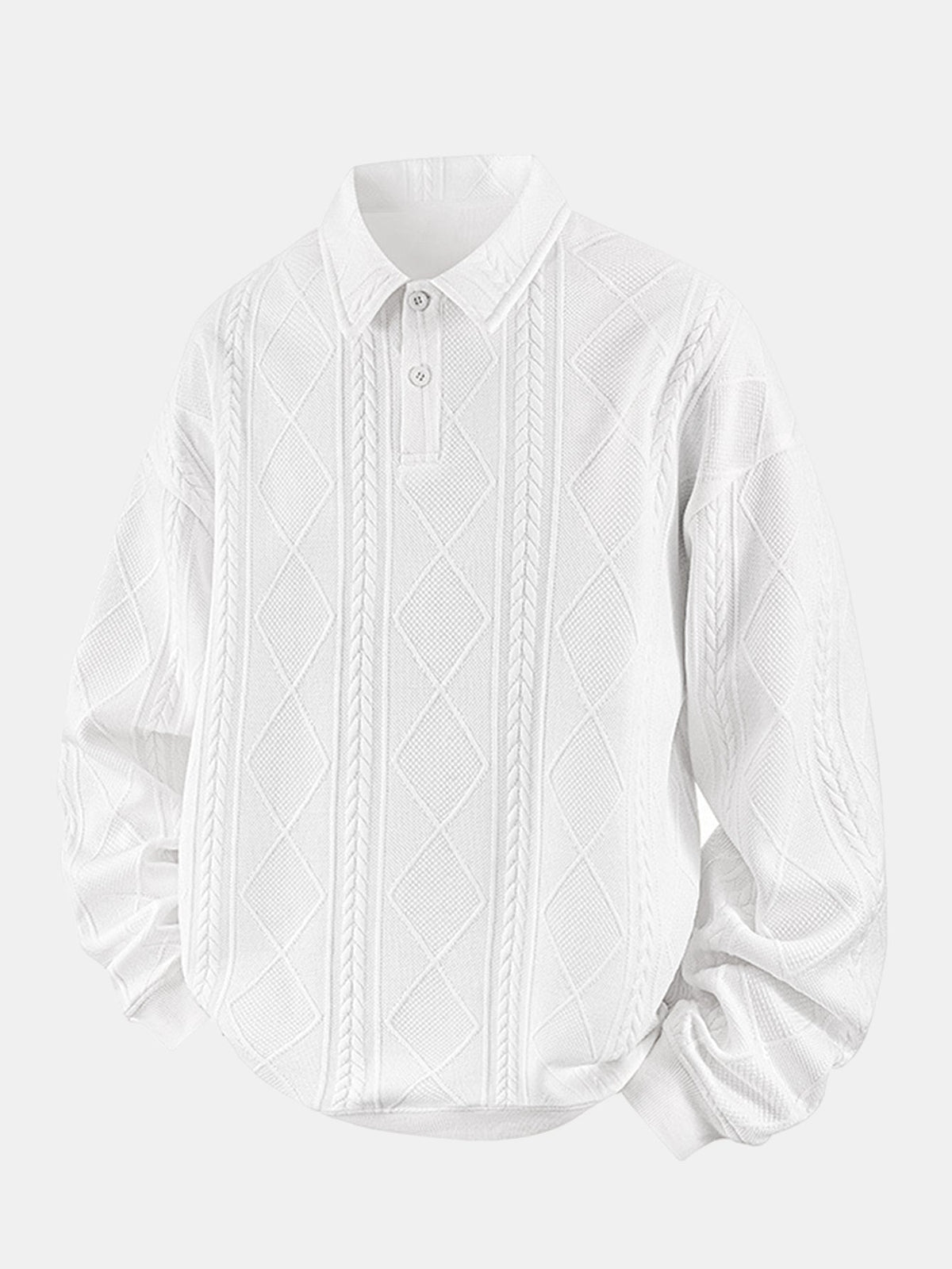 Bluză sport bărbătească cu guler polo și jacquard geometric cu model în romburi – Croială lejeră, model texturat cu mâneci lungi, smart casual, de purtat zi de zi