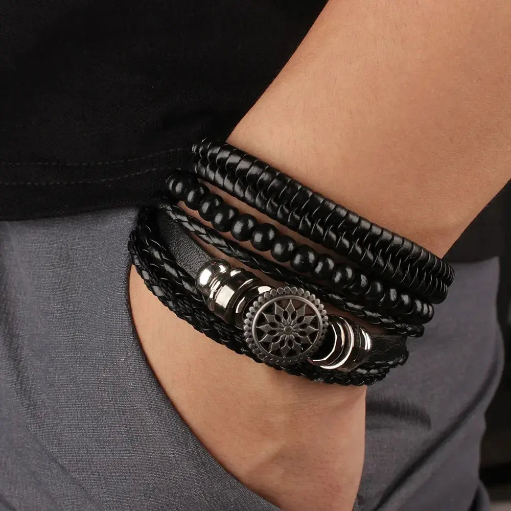 Men’s Braided Leather Wrap Bracelet Set – Layered Beaded Wristwear for Everyday Styling