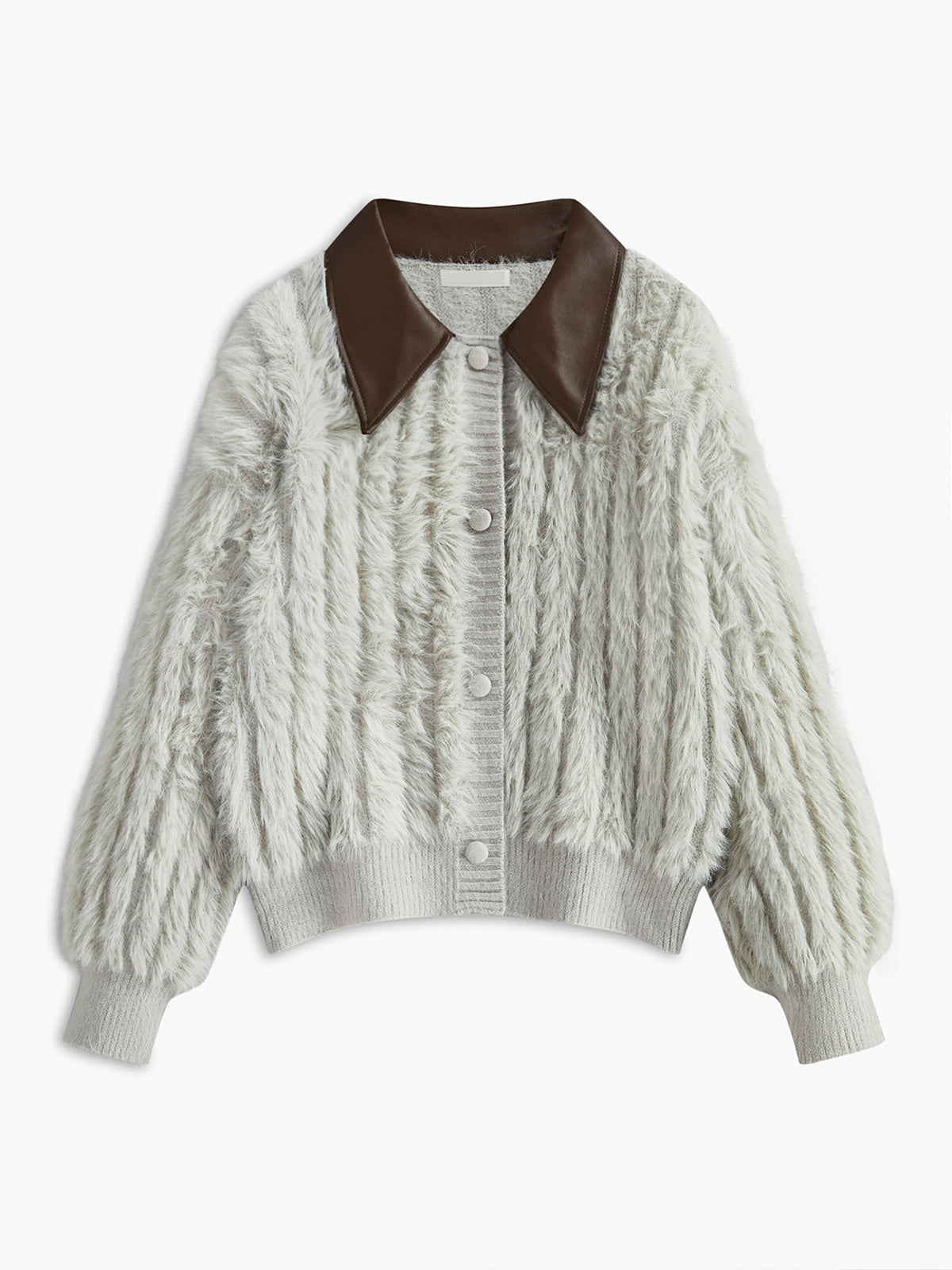 Pluizig gebreid vest met knopen aan de voorkant voor dames - zacht vest met textuur, lange mouwen en cropped pasvorm, met contrasterende PU-kraag voor de herfst en winter