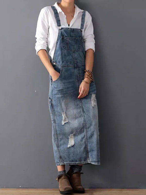 Vestido Maxi Pinafore de Ganga Desgastada para Mulher com Bolsos