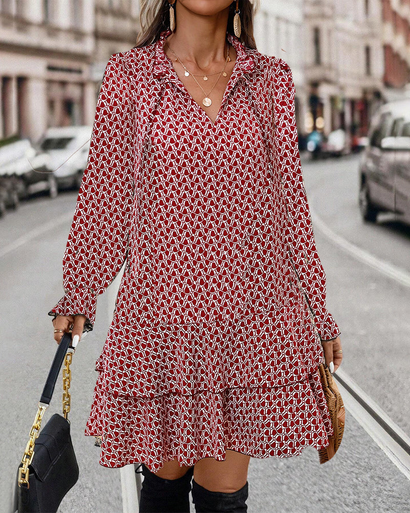 Women’s Printed Long-Sleeve Mini Dress – Relaxed Ruffled Style for Casual Autumn Days and Smart Social Occasions