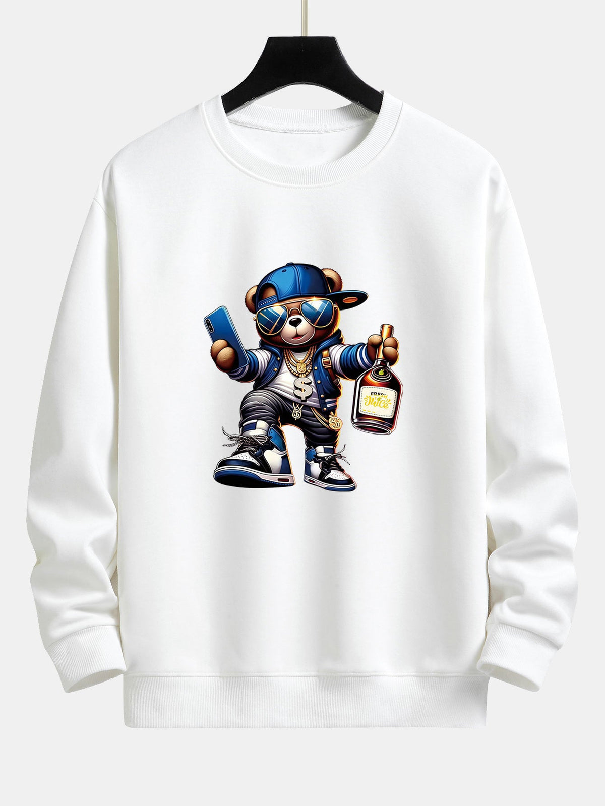 Bluză bărbătească hip-hop cu grafică de ursuleț - croială lejeră, bluză streetwear din amestec de bumbac, cu guler rotund, pentru ținutele de zi cu zi