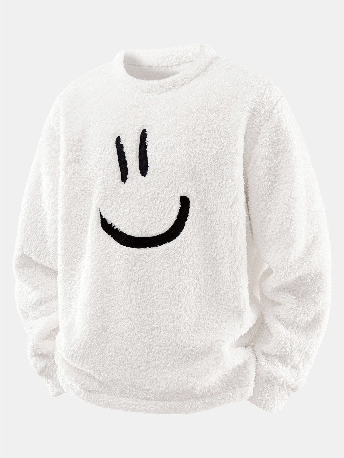 Besticktes Teddyfleece-Sweatshirt für Herren mit Smiley-Motiv – Weicher Pullover mit Rundhalsausschnitt und lockerer Passform für gemütliche Winterlooks