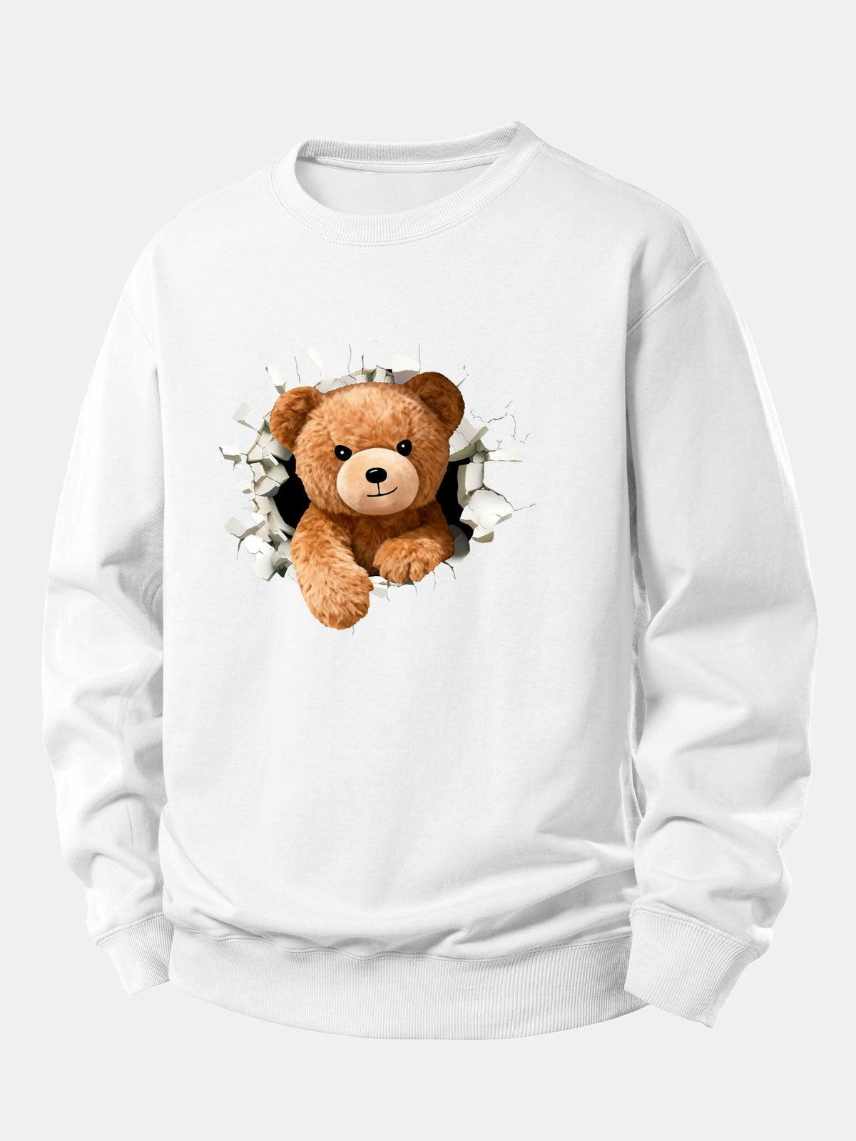 Men's Teddy Bear Breaking Through Wall Sweatshirt – Relaxed Fit Cotton Blend Crew Neck Pullover with Playful Graphic for Casual Streetwear