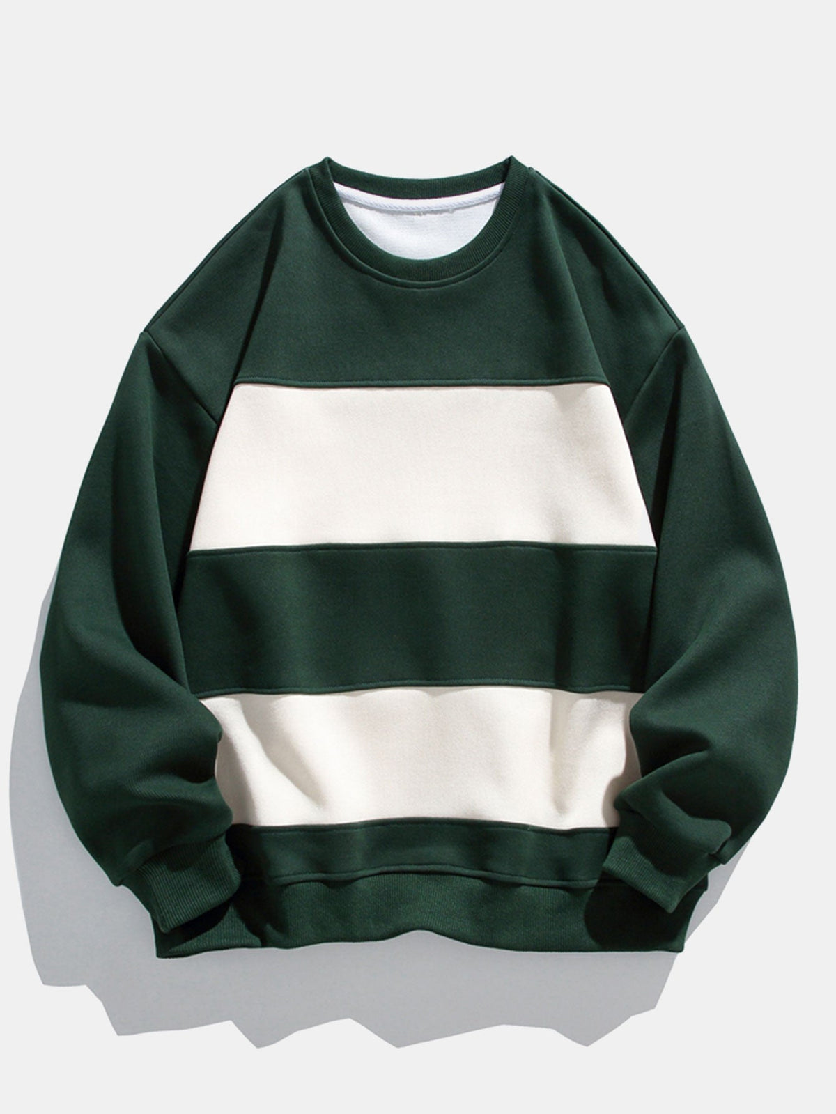 كنزة رجالية بياقة دائرية وألوان متباينة - بقصة مريحة ومزيج قطني، مع خطوط أفقية بارزة وحواف مضلعة، للارتداء اليومي