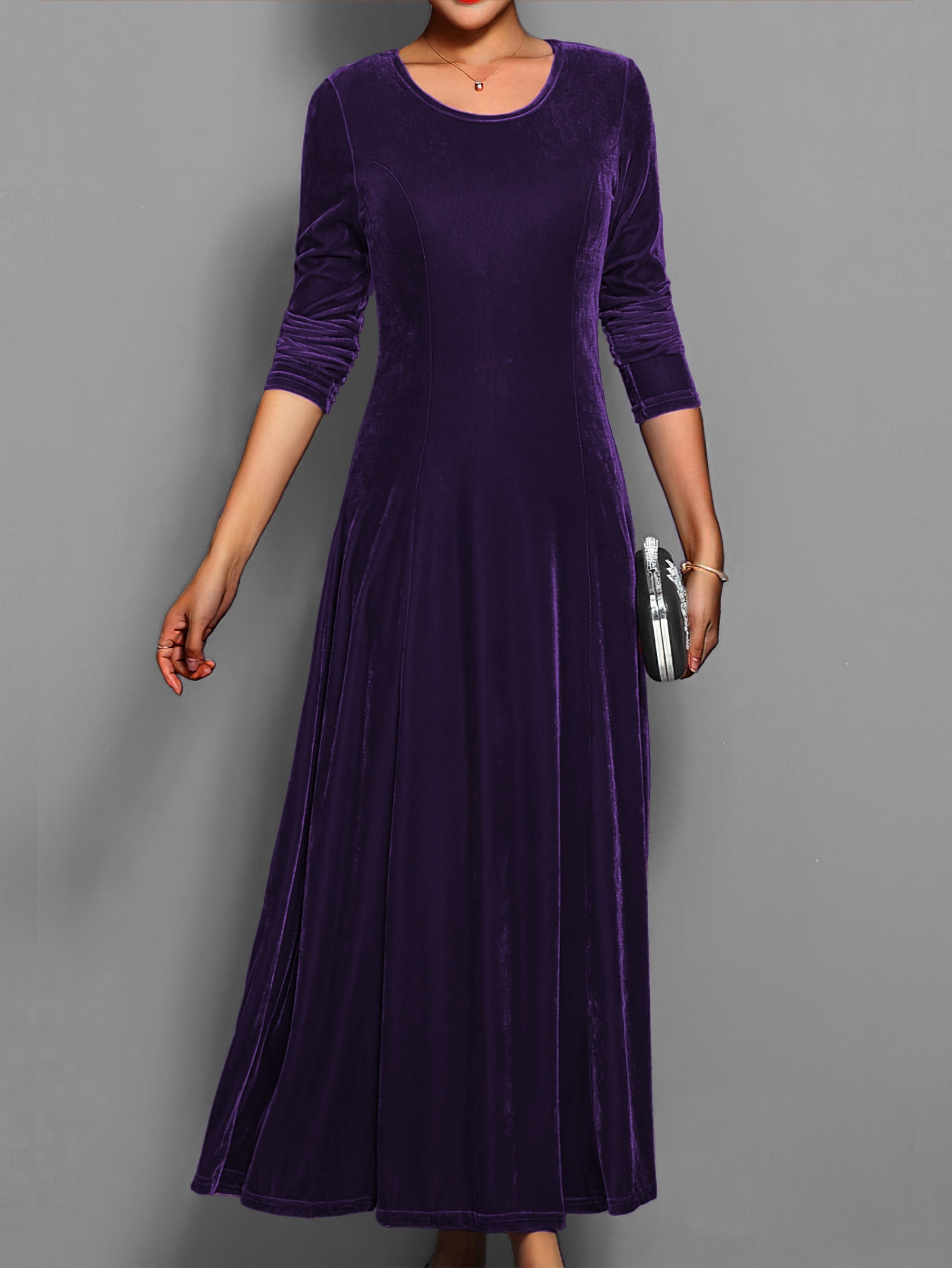 Robe longue en velours pour femme – robe ajustée et évasée à manches longues pour événements formels
