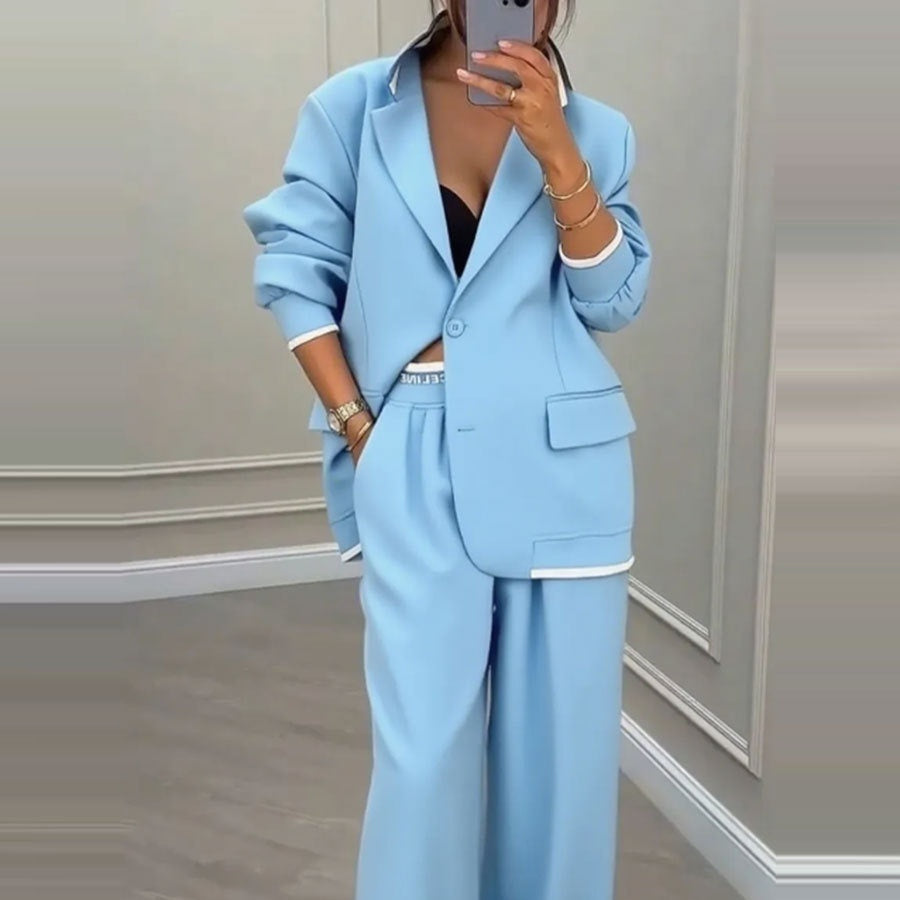 Elegante getailleerde blazer en broekpak voor dames met wijde pijpen - losvallende formele tweedelige outfit voor kantoor en gekleed casual