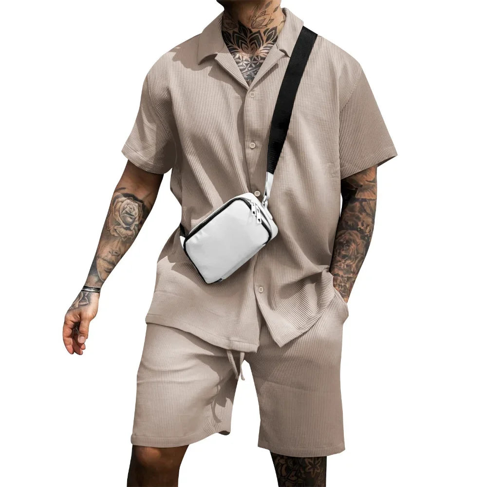 Pánský lehký letní komplet košile a kraťasy prodyšný neformální dvoudílný outfit