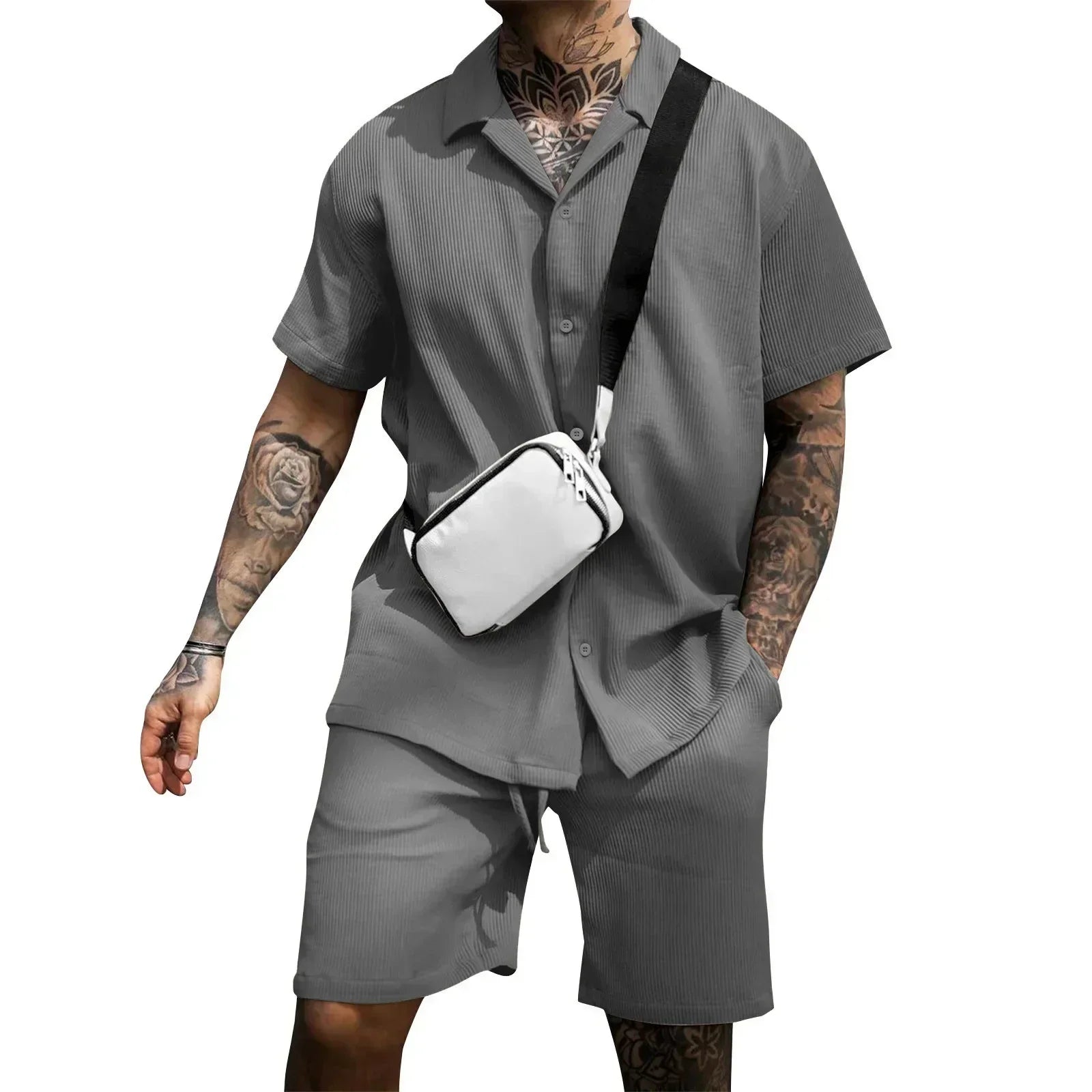 Pánský lehký letní komplet košile a kraťasy prodyšný neformální dvoudílný outfit