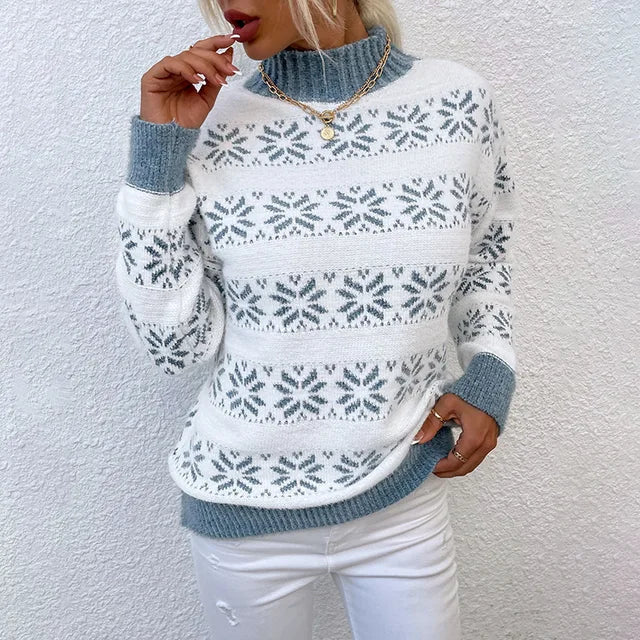 Damenpullover aus Strick mit Schneeflockenmuster und Stehkragen – Gemütlicher Winterpullover für festliches Alltagsstyling