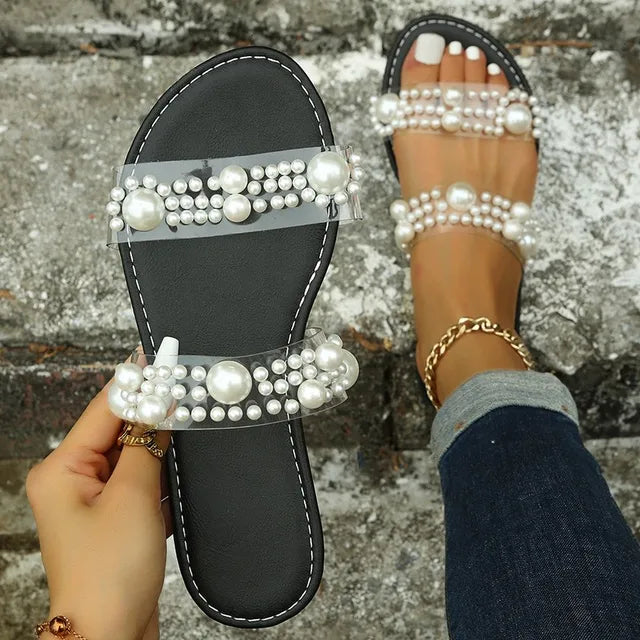 Women’s Pearl Strap Sandals Transparent Band Flat Summer Slides
