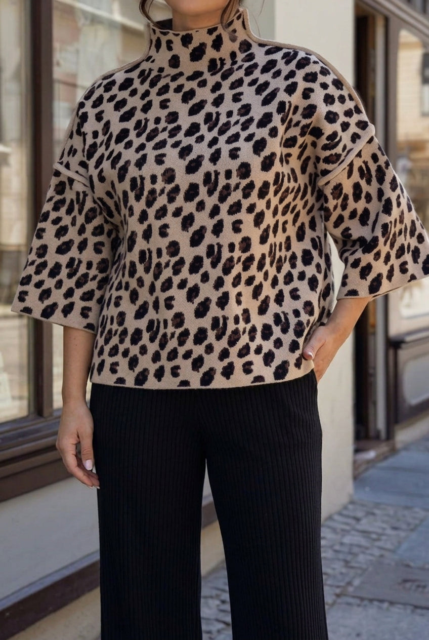 Women's Oversized Animal Print Knitted Sweater with High Neck and Relaxed Fit – Soft Viscose Blend Short Sleeve Pullover with Dropped Shoulders for Elegant Smart Casual Spring and Autumn Everyday Wear