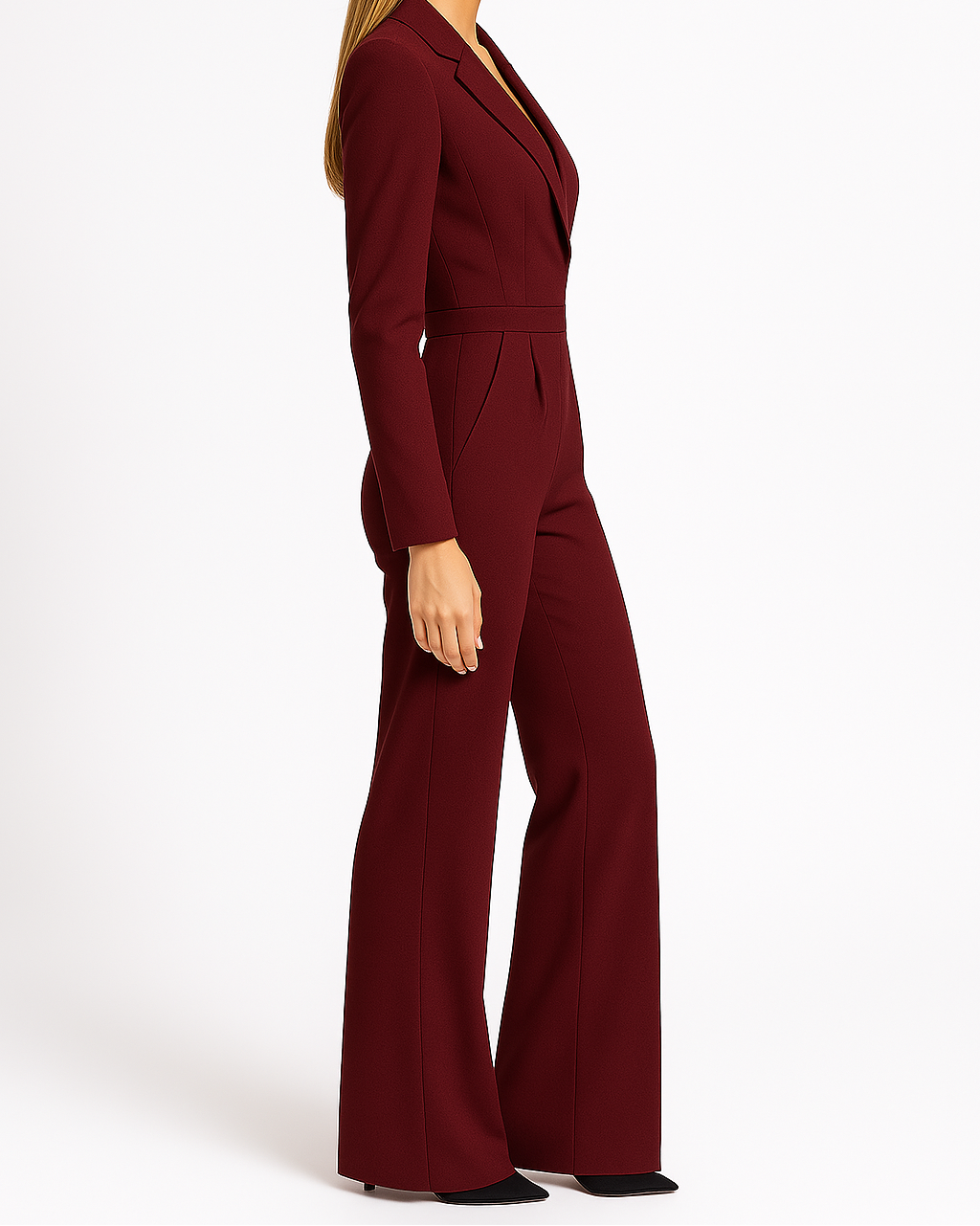 Dame Elegant V-hals Jumpsuit med Vide Ben, Skræddersyet Pasform, Lange Ærmer, Aften- og Festoutfit