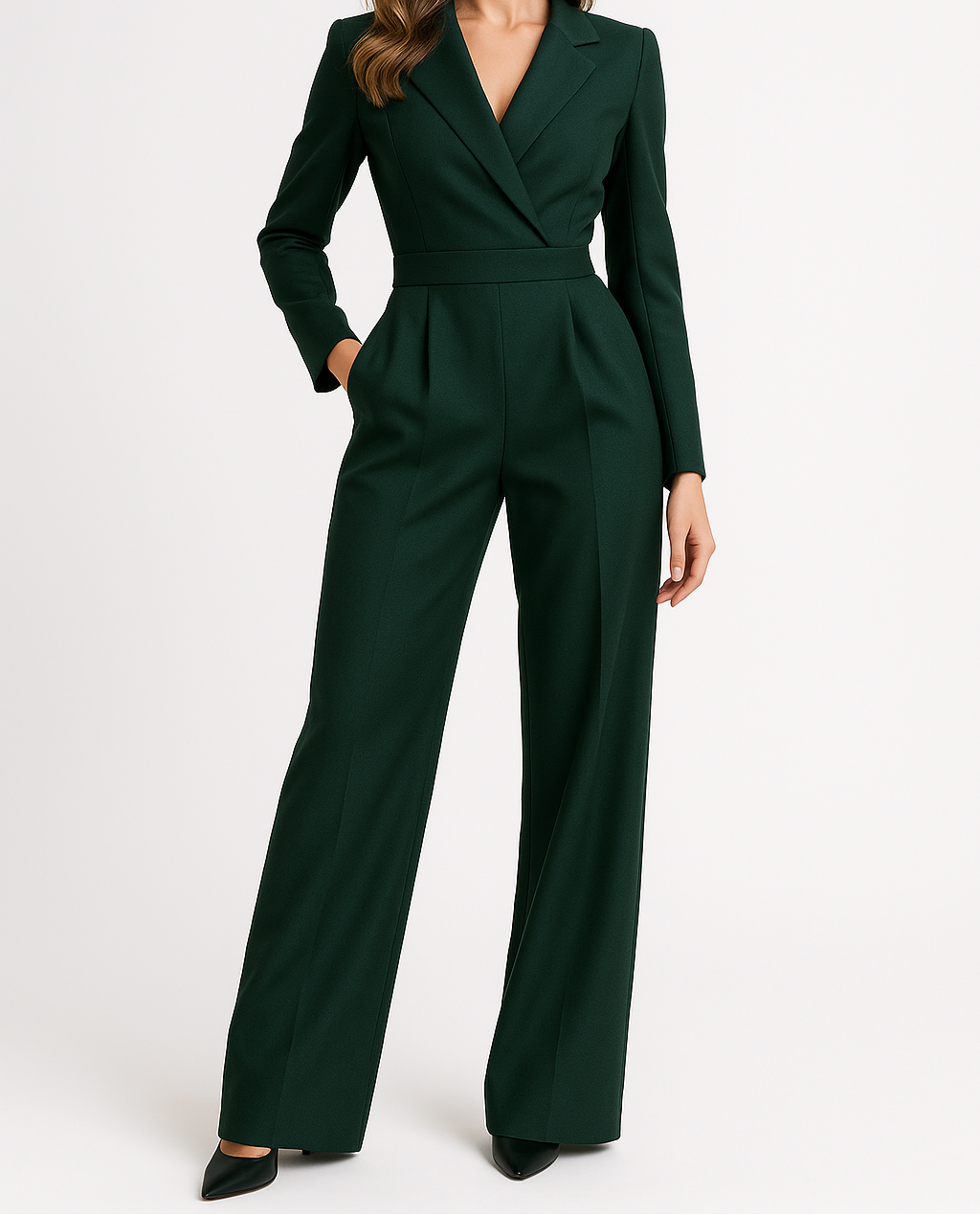 Dame Elegant V-hals Jumpsuit med Vide Ben, Skræddersyet Pasform, Lange Ærmer, Aften- og Festoutfit