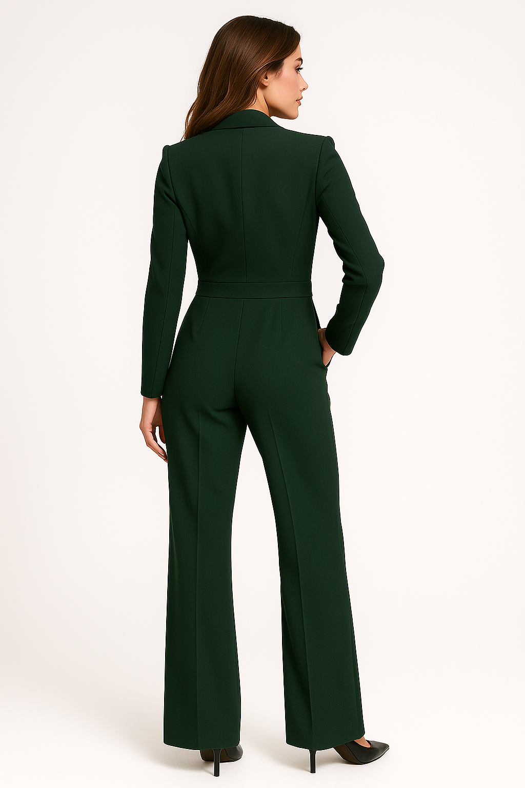 Dámský elegantní overal s výstřihem do V, široké nohavice, střih na míru, dlouhý rukáv, outfit na večerní příležitost