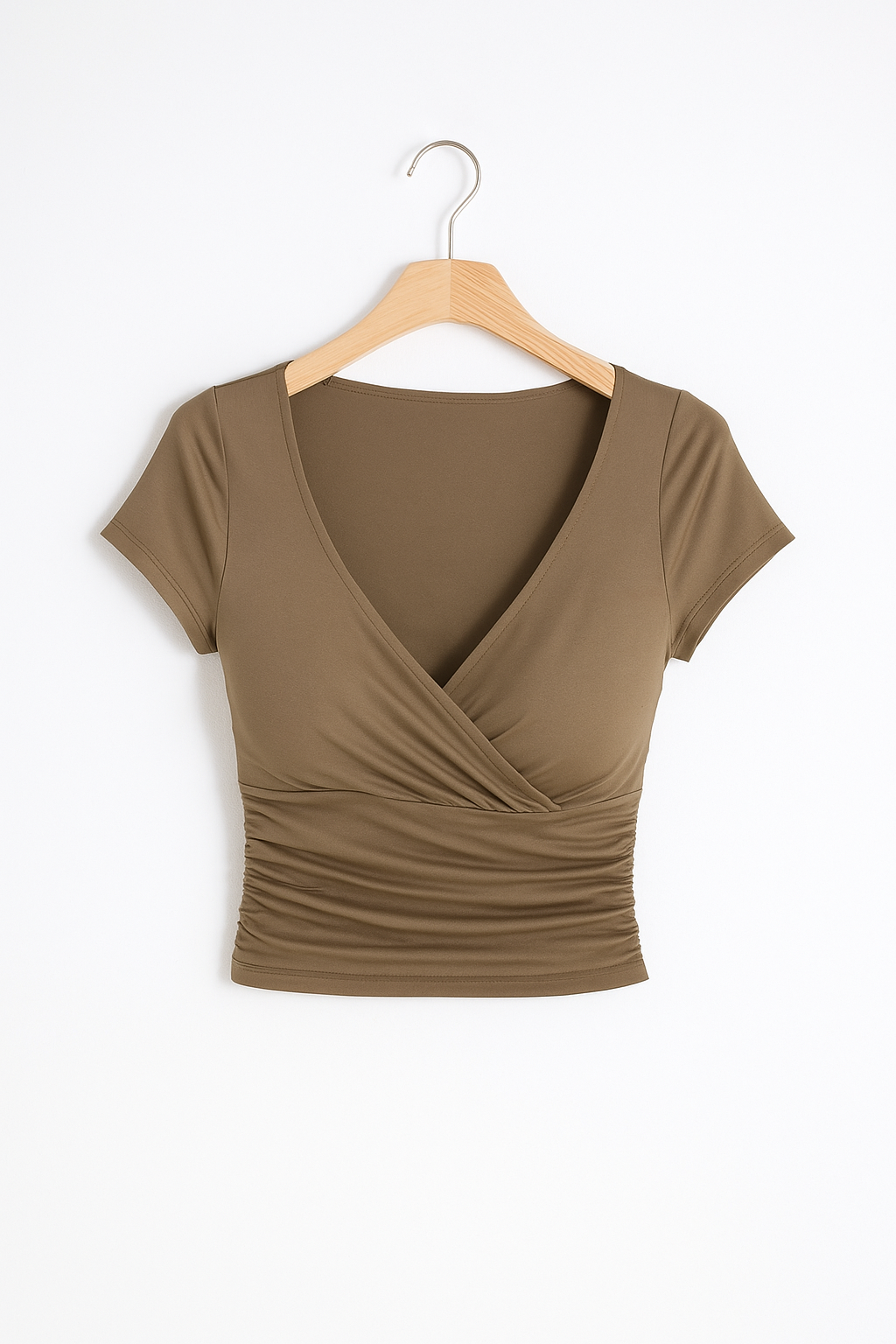 Damen-Crop-Top mit Wickelfront und V-Ausschnitt – kurzärmliges Stretch-Top für lässige Sommer- und Abendlooks