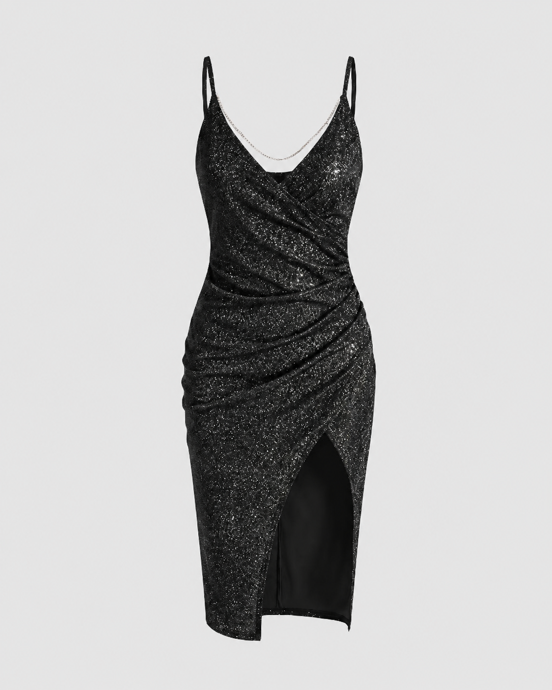 Rochie midi de damă cu aspect petrecut și strălucire discretă – rochie de seară cambrată, cu decolteu în V, bretele subțiri, încrețituri laterale și crăpătură asimetrică pe coapsă