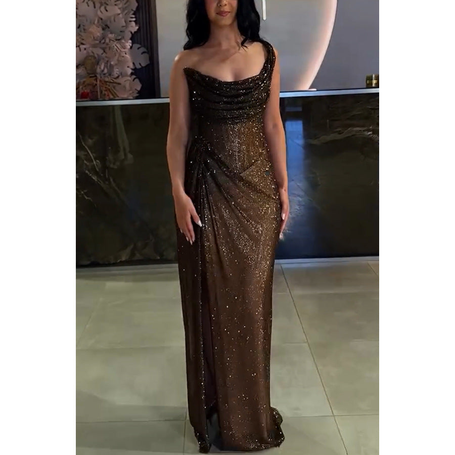 Women’s Draped Metallic Maxi Dress Sleek Evening Split Gown