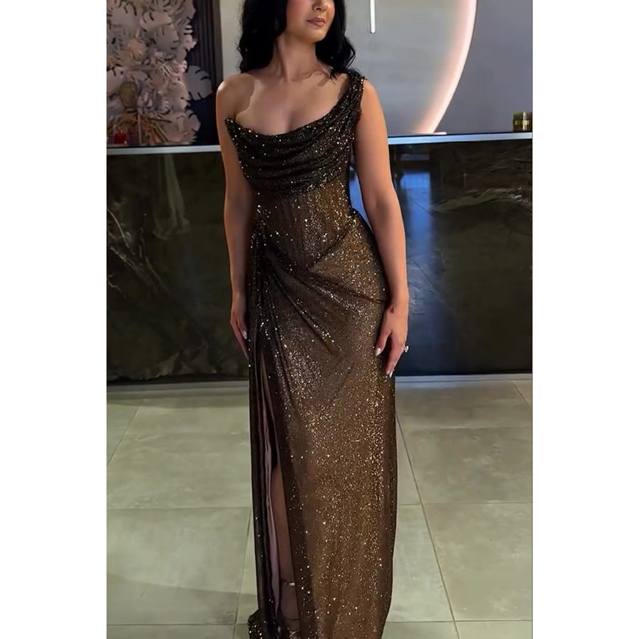 Women’s Draped Metallic Maxi Dress Sleek Evening Split Gown