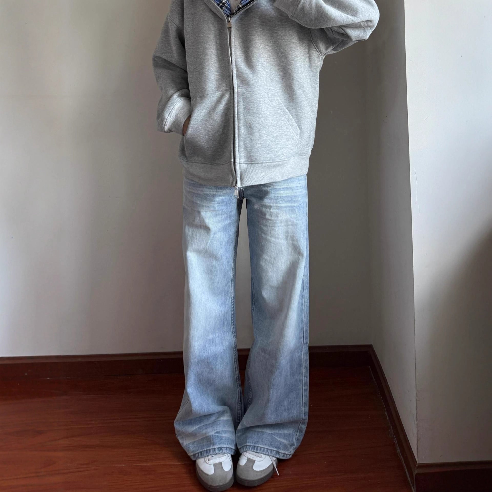 Women’s High Waist Washed Straight Leg Floor Length Jeans