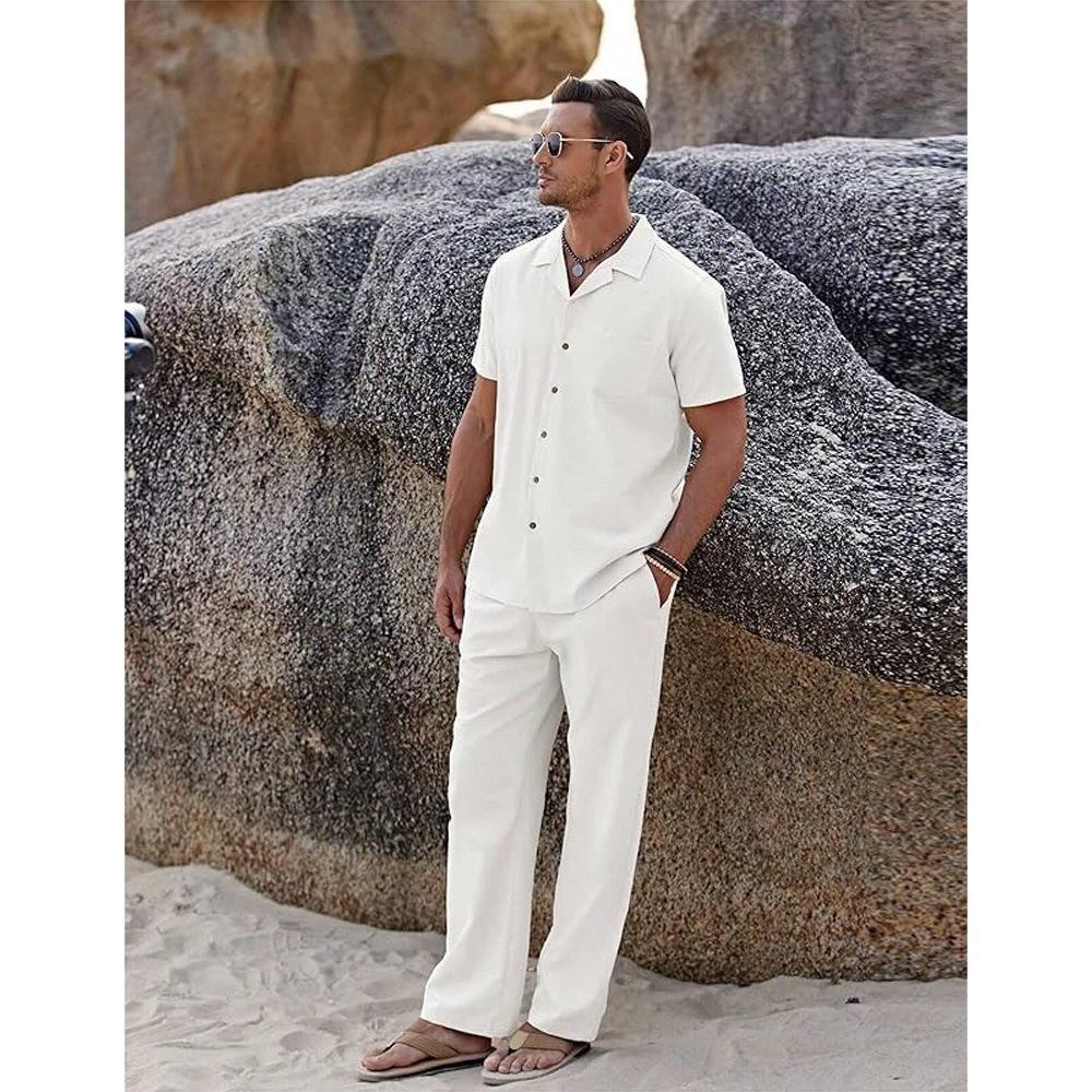 Men’s Revere Collar Button Shirt and Tapered Trousers Set