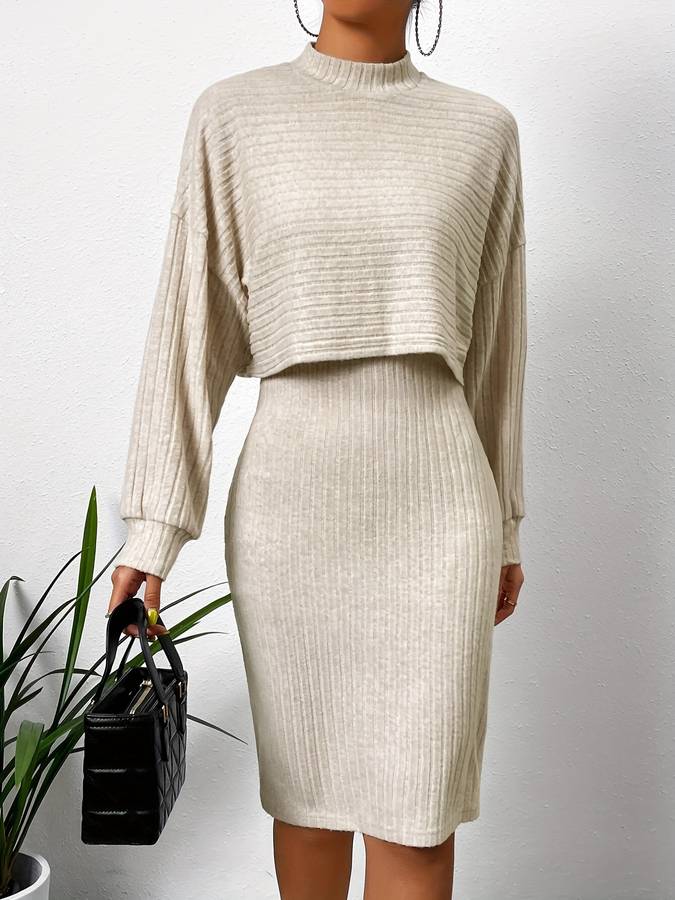Dámská žebrovaná midi sukně a komplet - volný svetr s vysokým límcem pro elegantní ležérní podzimní outfit