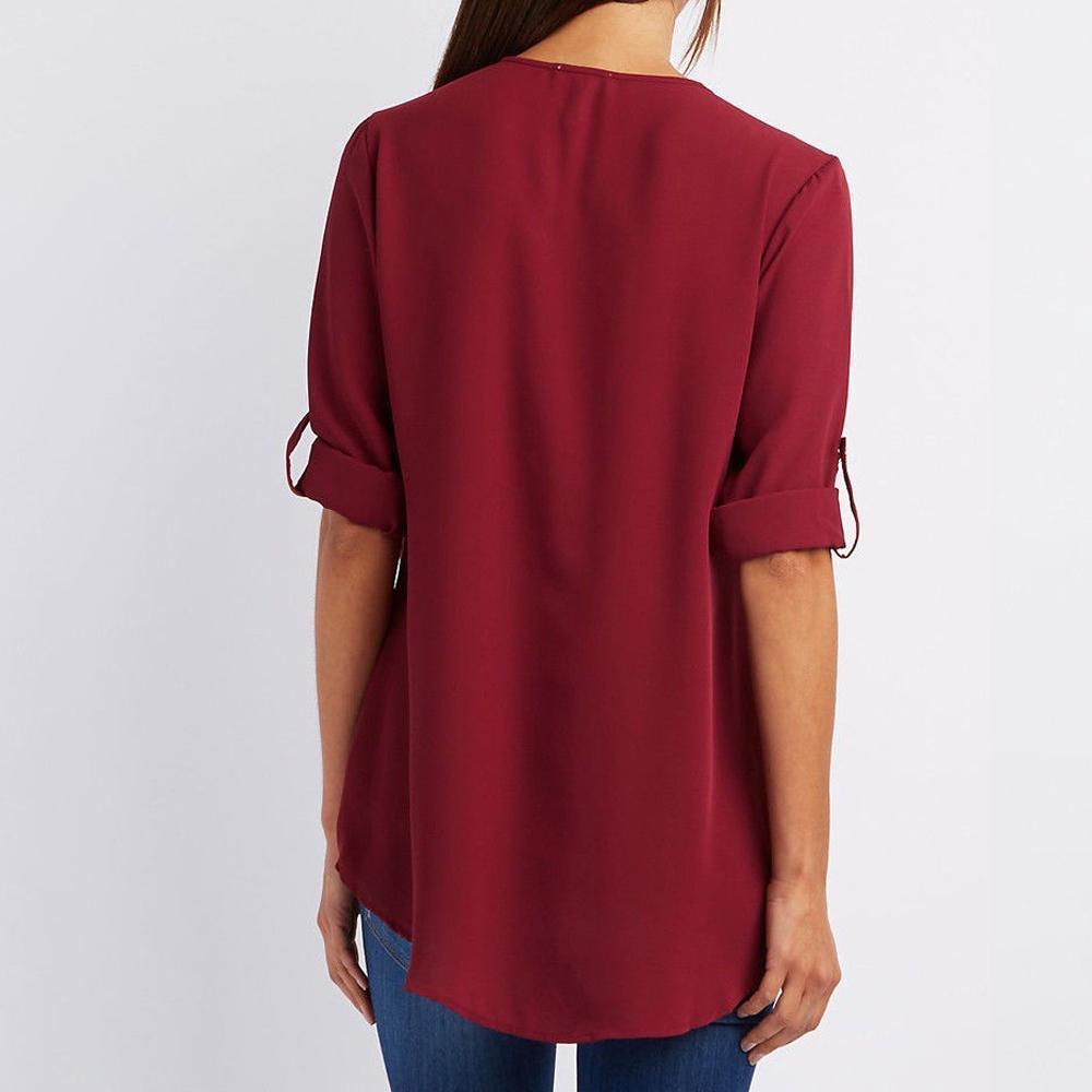 Women’s Zip-Neck Relaxed Blouse – Roll-Tab Sleeve Style for Everyday Wear