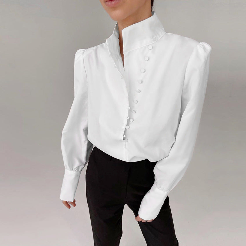 Blusa da donna con collo alto, bottoni nascosti e spalle a sbuffo - Stile casual chic a maniche lunghe
