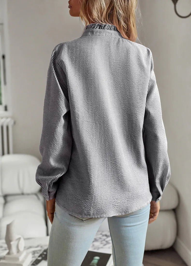 Women’s Ruffle-Trim Button Blouse – Textured Long-Sleeve Style for Office and Everyday Wear
