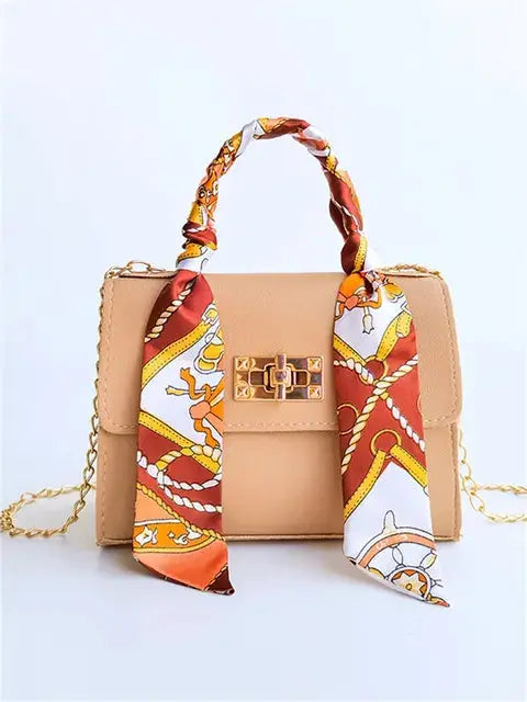 Women’s Structured Chain Handbag Printed Scarf Handle Shoulder Bag