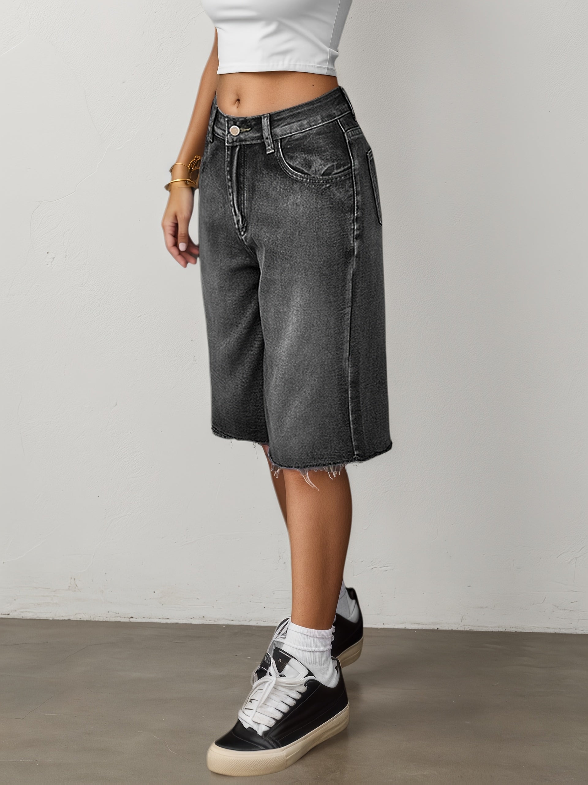 Dame Denim Jorts Løs Pasform Høj Talje Vide Ben Knælange Casual Shorts