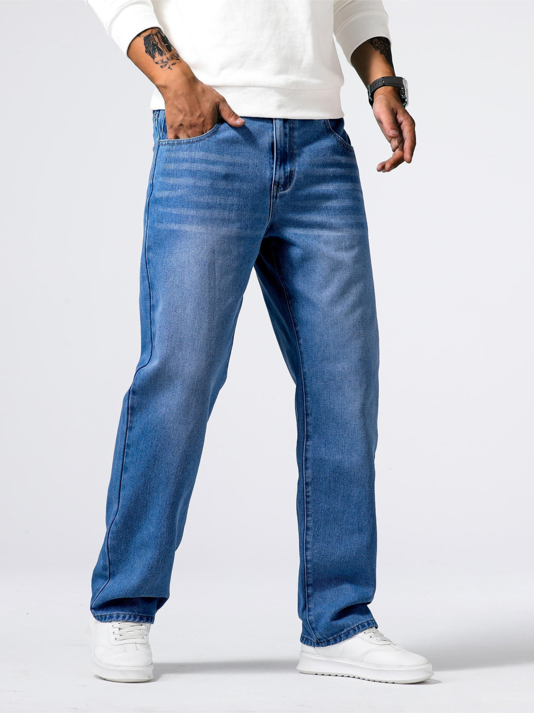 Jeans da uomo in denim, gamba dritta, lavaggio blu, vestibilità quotidiana