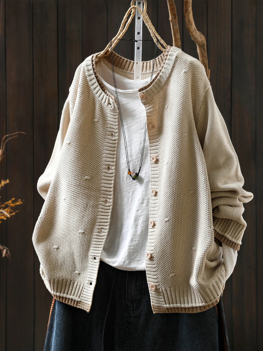 Damesvest van textuurrijk breisel met ronde hals en knoopsluiting - casual laag voor lente en herfst