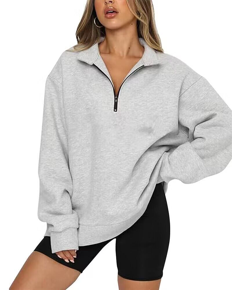 Γυναικείο oversized φούτερ με γιακά και μισό φερμουάρ – Άνετη μακρυμάνικη μπλούζα για καθημερινό layering