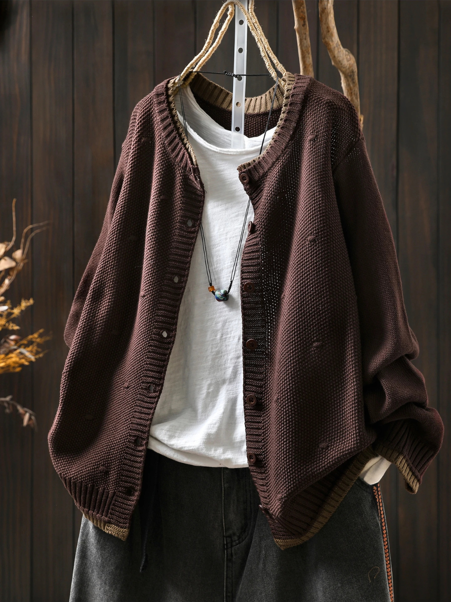 Damesvest van textuurrijk breisel met ronde hals en knoopsluiting - casual laag voor lente en herfst