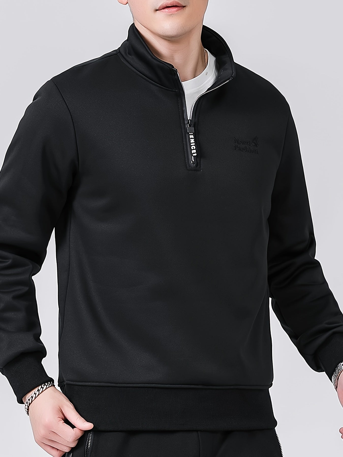 Sudadera de hombre con cremallera de un cuarto y forro polar – Capa cálida con cuello alto para otoño e invierno