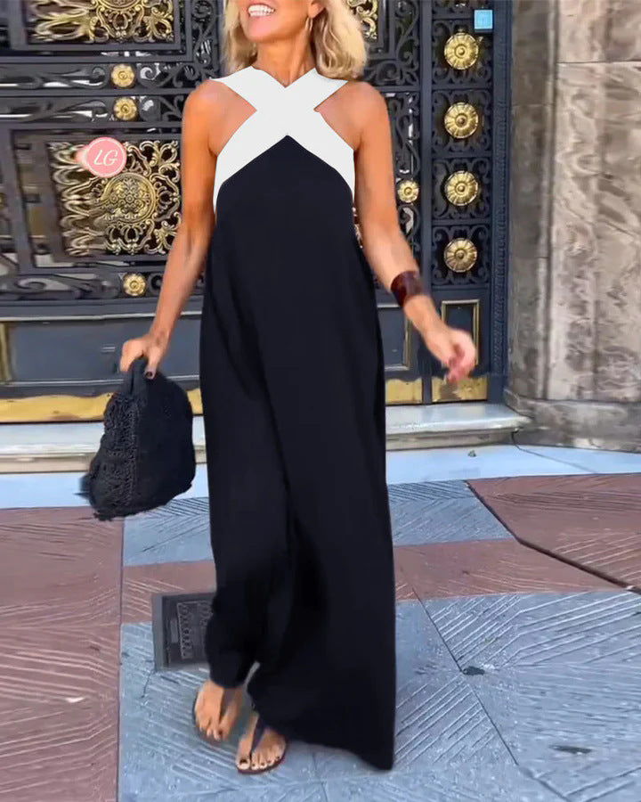 Abito lungo da donna incrociato con scollo all'americana e silhouette fluente