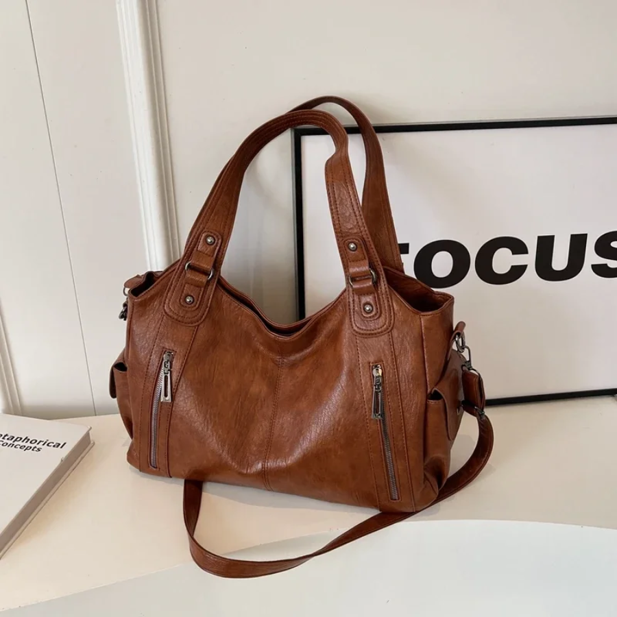 Borsa a spalla da donna con doppi manici e tracolla lunga - Tasche frontali con zip, ideale per tutti i giorni