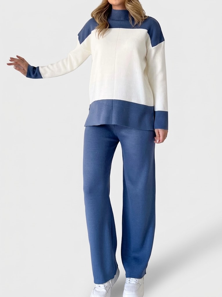 Damen-Strick-Zweiteiler im Colour-Block-Design – Langarmtop mit Stehkragen und Hose mit weitem Bein für legere Looks