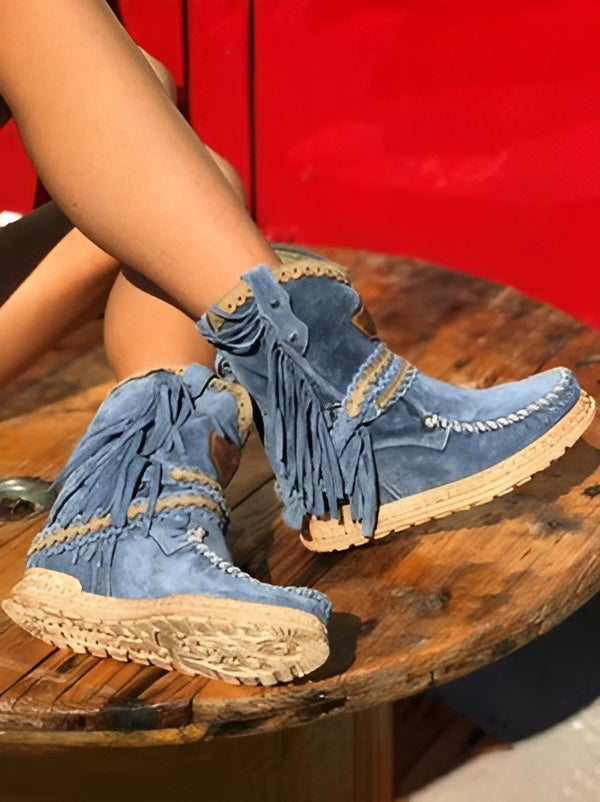 Stivaletti boho da donna alla caviglia – stile western con frange per un look casual