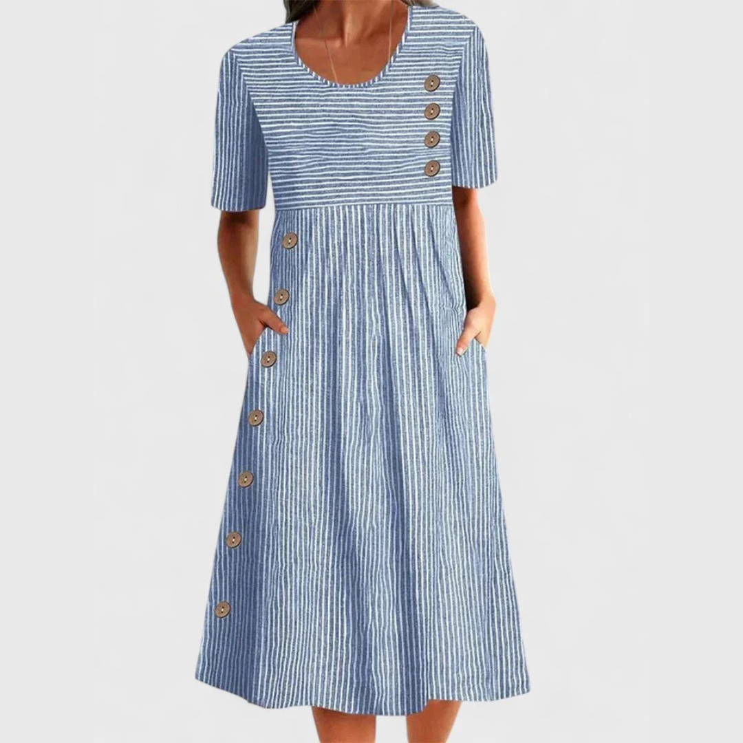 Women’s Cotton A-Line Midi Dress – Striped Summer Day Style with Pockets