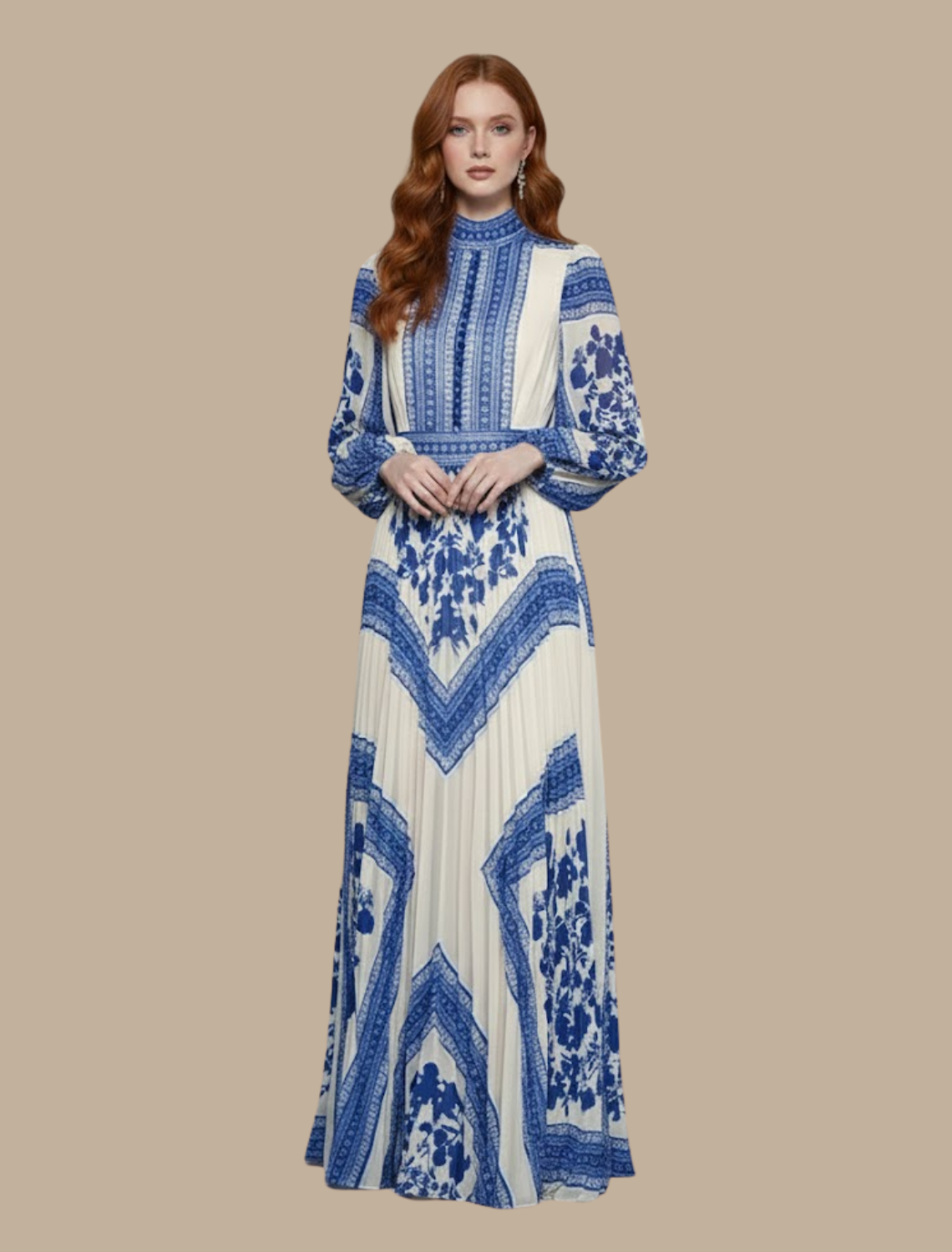 Women’s Printed Pleated Maxi Dress – Long-Sleeve Evening Gown for Formal Events