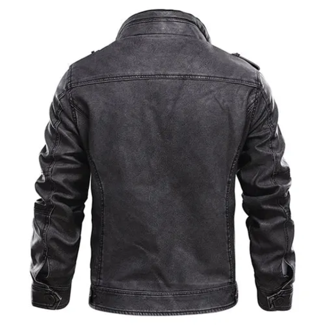 Casaco motard de homem com aspeto de pele, gola subida e bolsos utilitários – Casaco robusto com fecho para o outono e para um estilo casual urbano