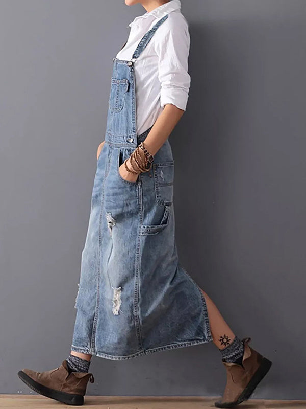 Vestido Maxi Pinafore de Ganga Desgastada para Mulher com Bolsos