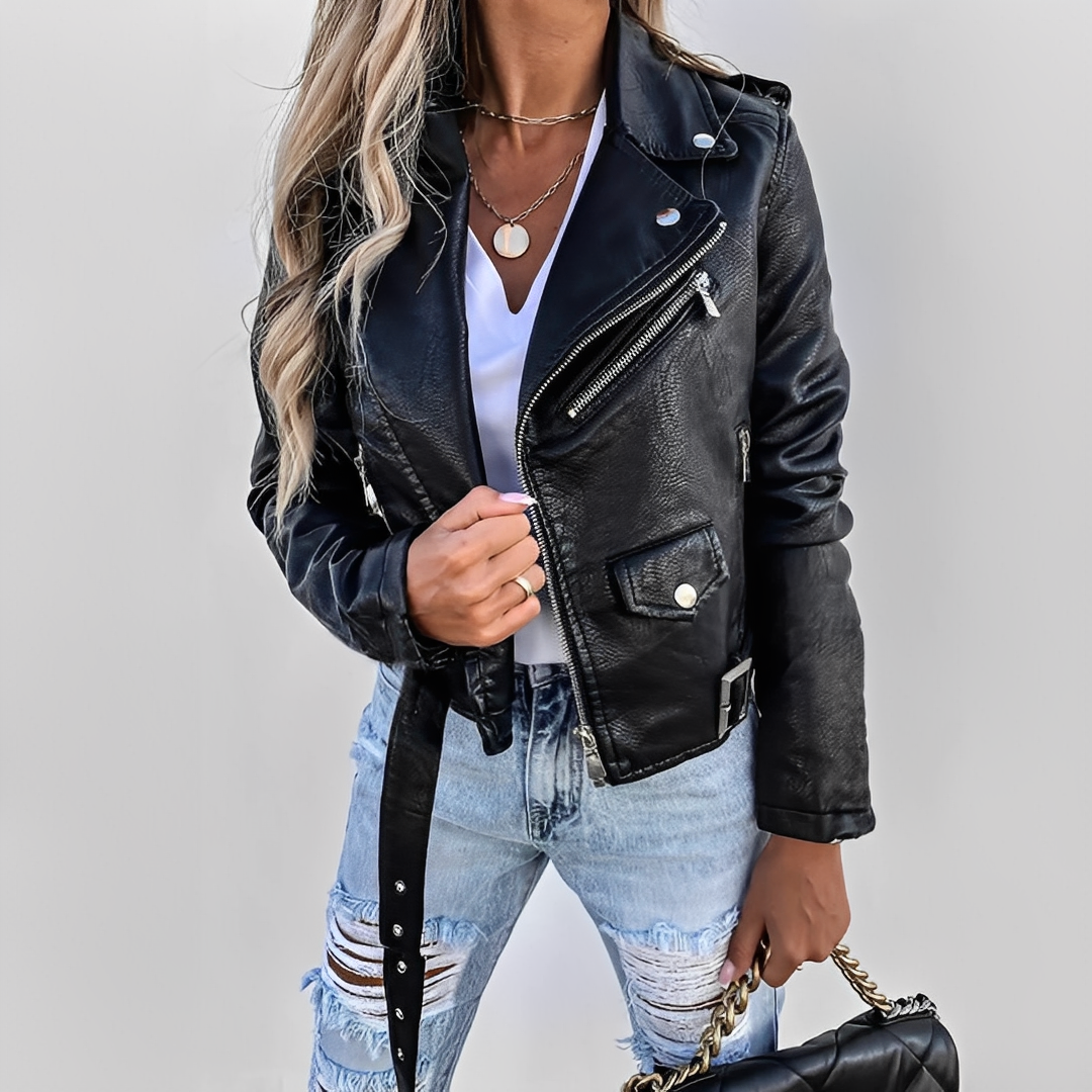 Dames - getailleerd bikerjack van imitatieleer met asymmetrische ritssluiting en reverskraag – kort motorjack met verstelbare ceintuur in de taille en zakken met rits voor casual streetwear in de herfst en lente