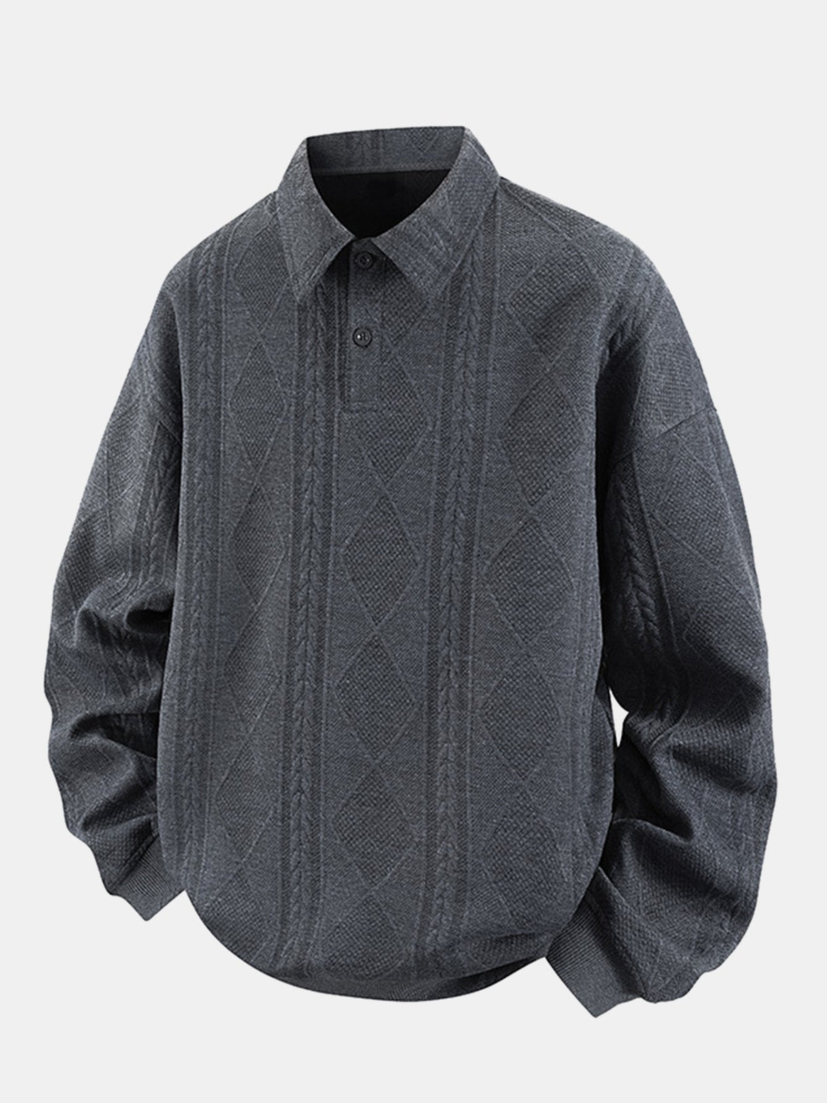 Bluză sport bărbătească cu guler polo și jacquard geometric cu model în romburi – Croială lejeră, model texturat cu mâneci lungi, smart casual, de purtat zi de zi