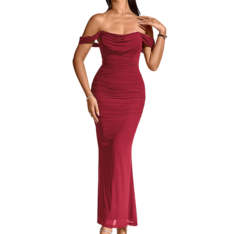 Robe longue froncée épaules dénudées pour femme - coupe ajustée et style de soirée pour les fêtes, les événements formels et les rendez-vous galants